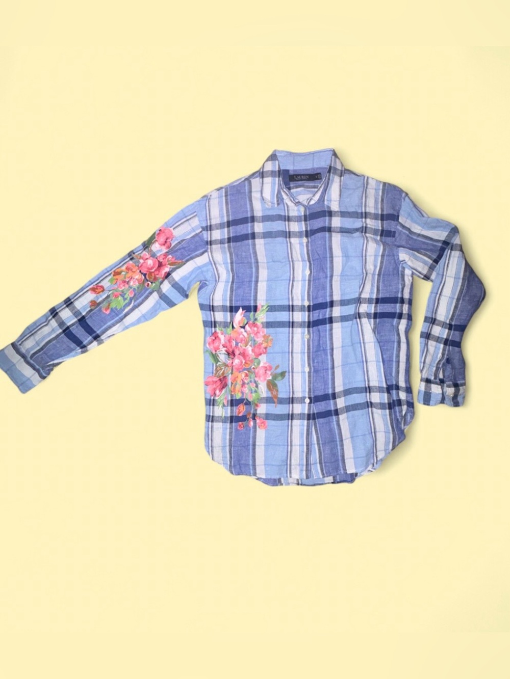 Lauren Ralph Lauren Blue Plaid Linen Floral Button Front Shirt - Size Small